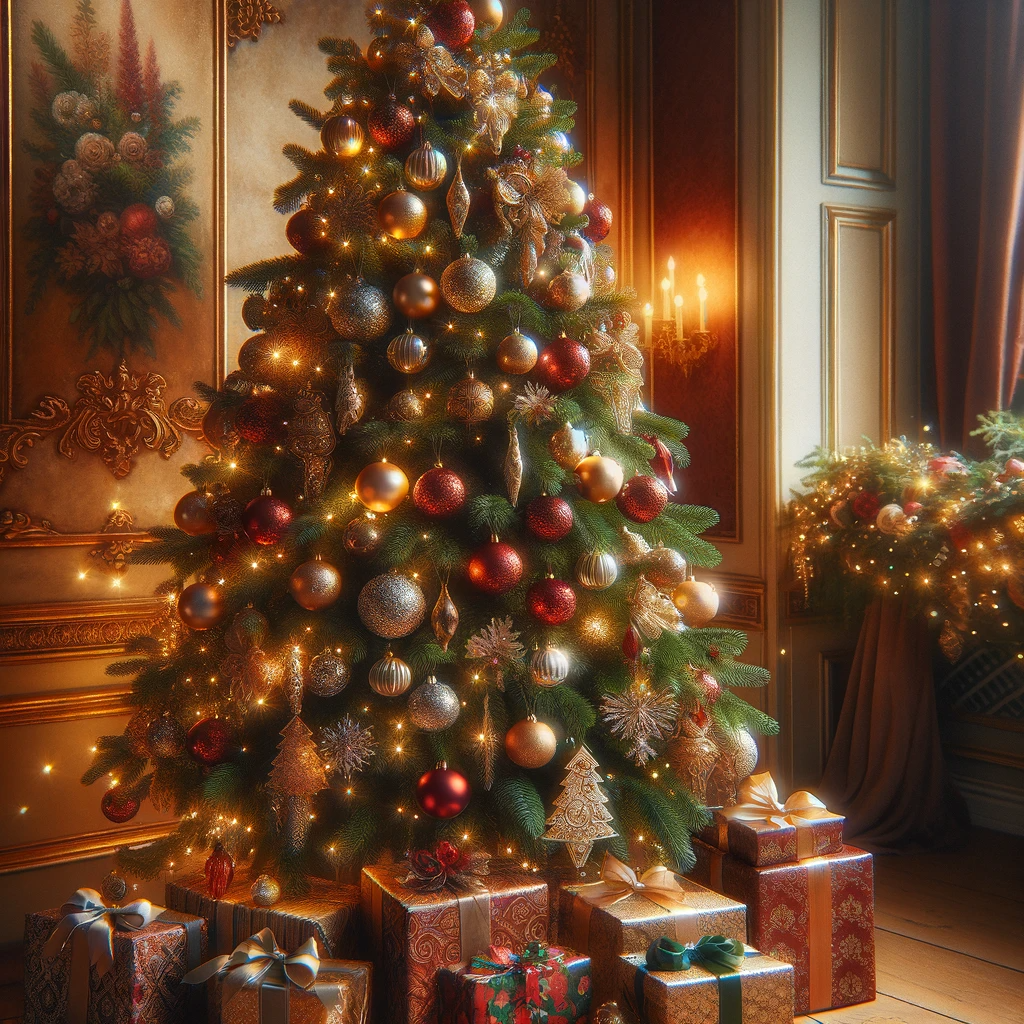 DALLE 2023 12 05 08.50.05 A Christmas tree with a slightly richer decoration set in a warm inviting room. The tree is adorned with a variety of ornaments including sparkling