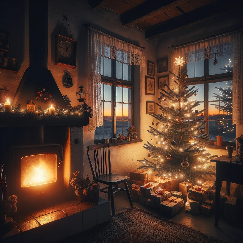 DALLE 2023 12 24 09.10.42 An evening scene in a Czech home with dusk settling outside visible through a window. Inside a fireplace is burning brightly casting a warm inviti